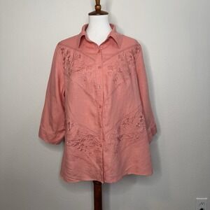 EDWARD WOMAN Linen Button Up Embroidered Tunic Top 1X Lt Orange‎ Coral Boho